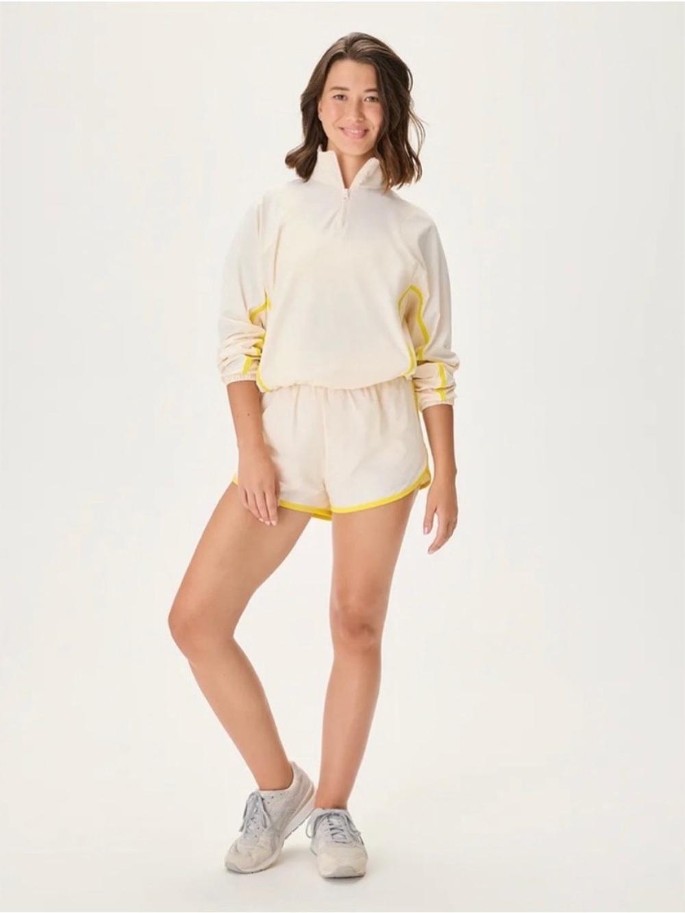 Outdoor Voices Cream Athletic Shorts with Yellow Trim